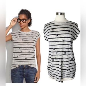 Madewell Striped Gray and Black embellished linen top